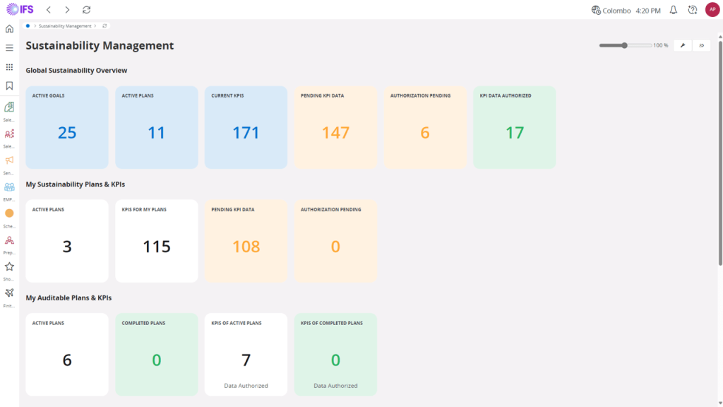 IFS Cloud ERP Sustainability Management Lobby